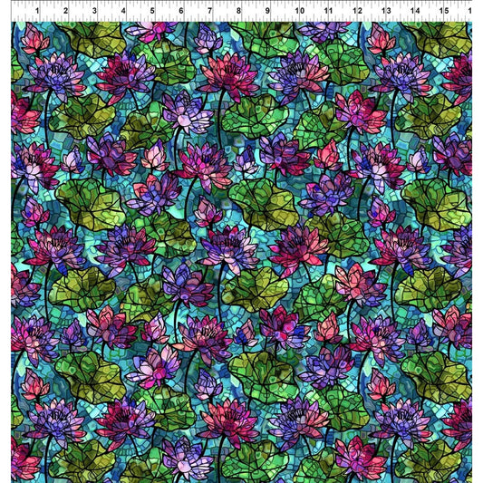 A fabric design of stained-glass-style pink and purple water lilies and green lily pads on a turquoise background. A ruler is visible along the top, indicating scale.