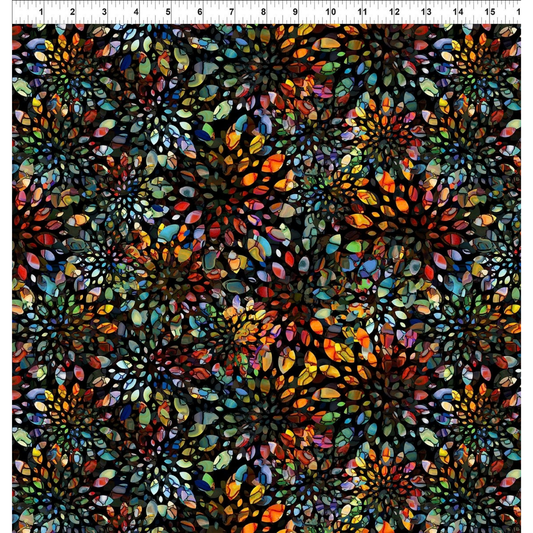 A fabric design with a dense, repeating pattern of intricate, multicolored stained-glass floral or mandala-like motifs on a black background with a ruler at the top for scale.