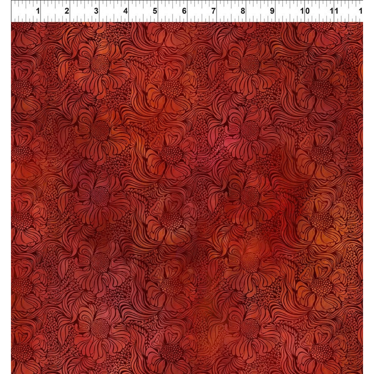 A fabric design featuring a stained-glass swirling floral pattern in deep crimson red and burnt orange with a ruler at the top for scale.