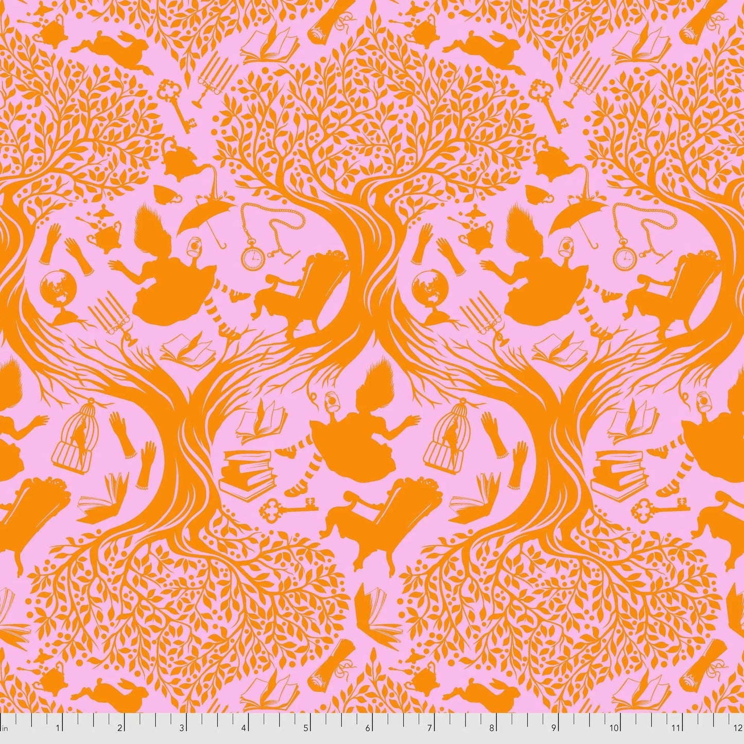 Patterned fabric with pink and orange toile design of Alice falling into Wonderland. Ruler for scale