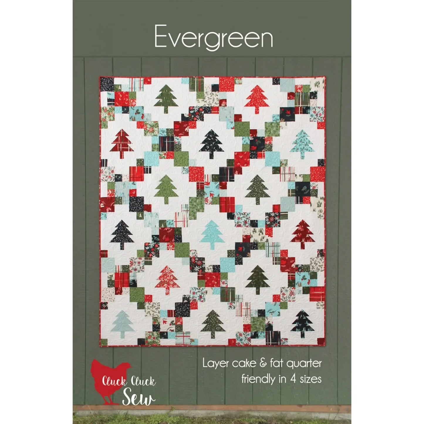 Quilt pattern cover titled 'Evergreen' with a Christmas tree design on a white background.