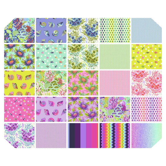 Collection of colorful floral and aquatic themed fabric swatches arranged in a grid.