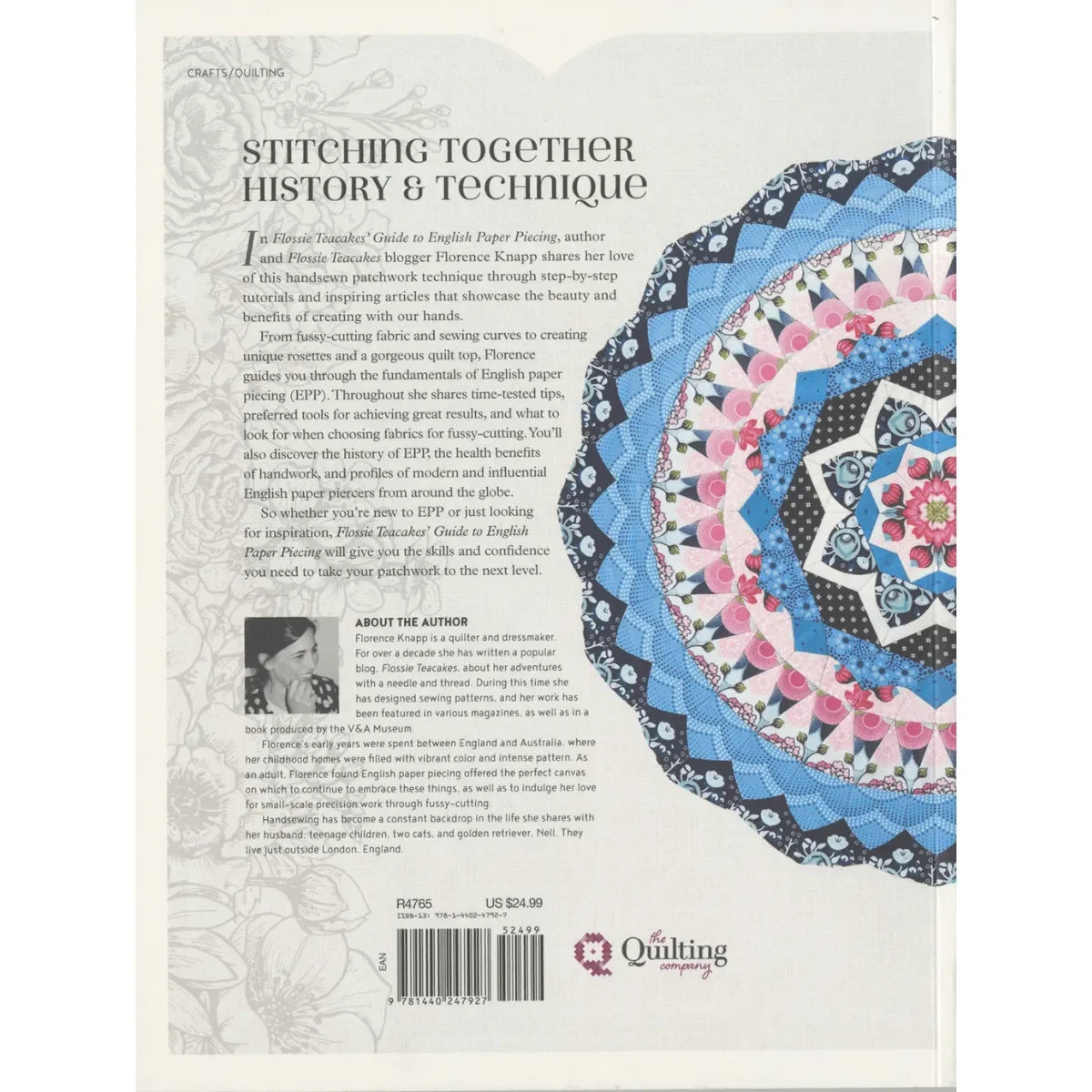 Bookback of a quilting guide with text and a colorful quilt design on a white background