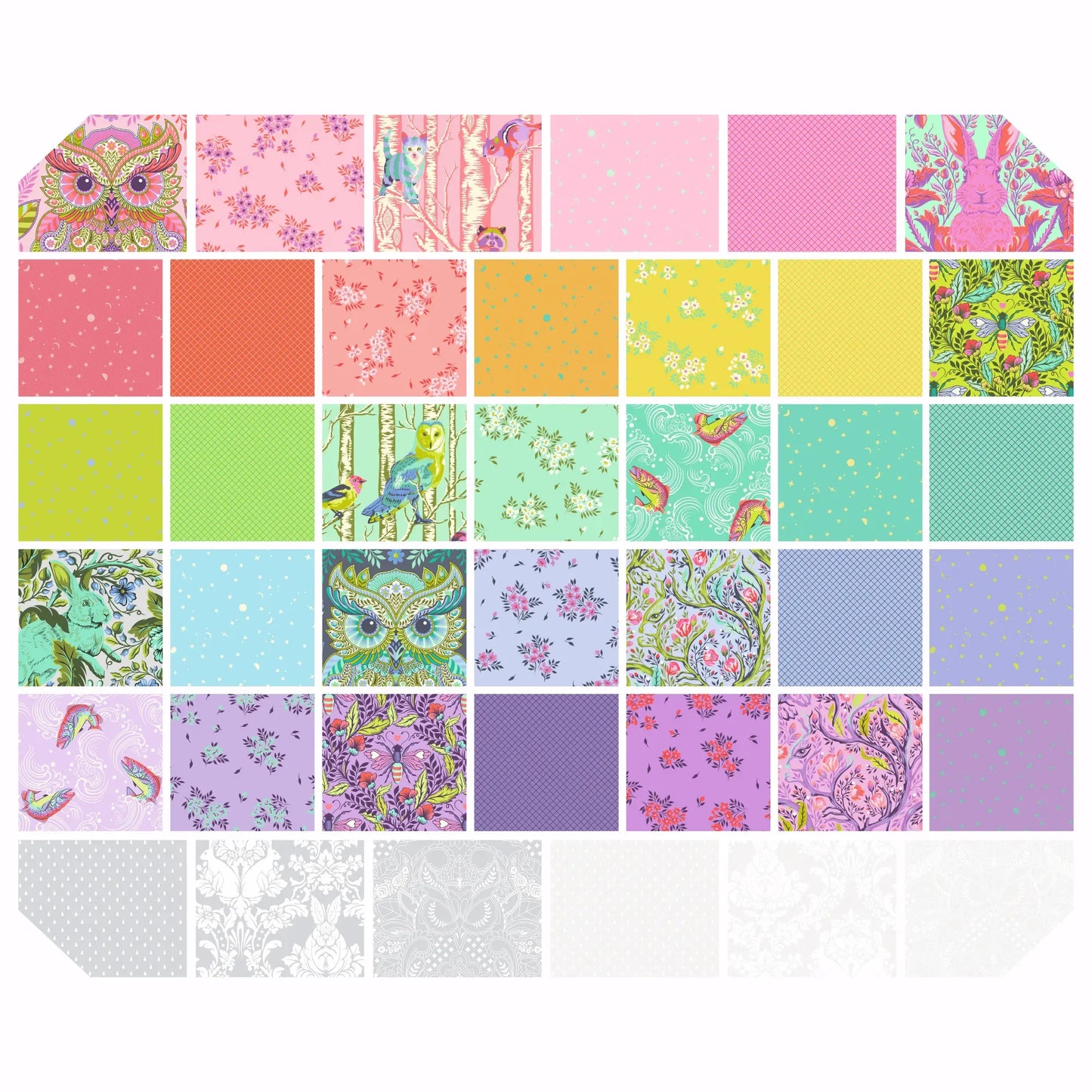 Collection of colorful fabric swatches arranged in a grid pattern.
