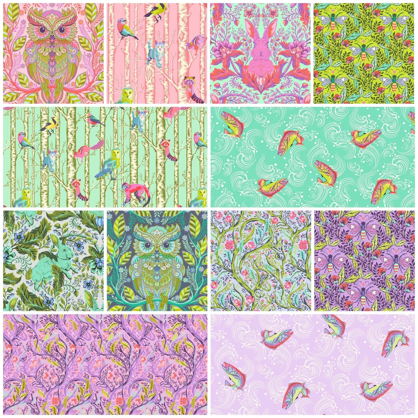 Collection of colorful fabric patterns arranged in a grid.