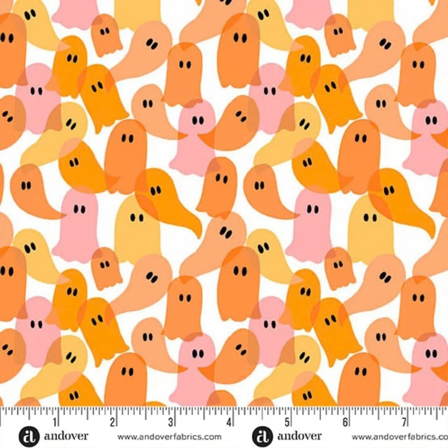 Pattern of colorful orange and peach ghosts on a white background with a ruler for scale