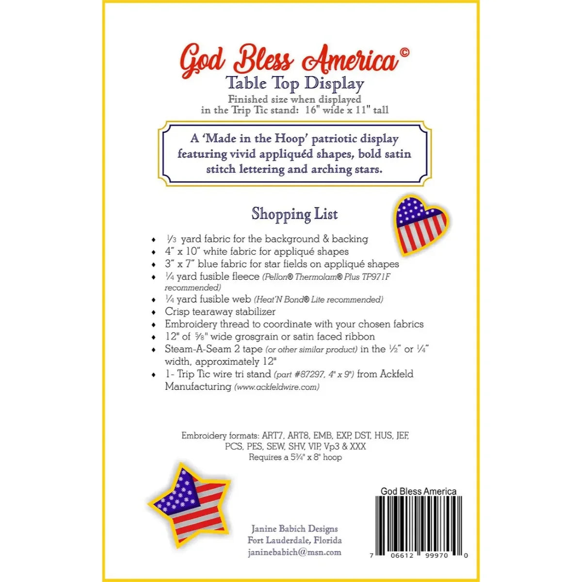 God Bless America Table Top Embroidery Pattern - Mercury Craft Co.