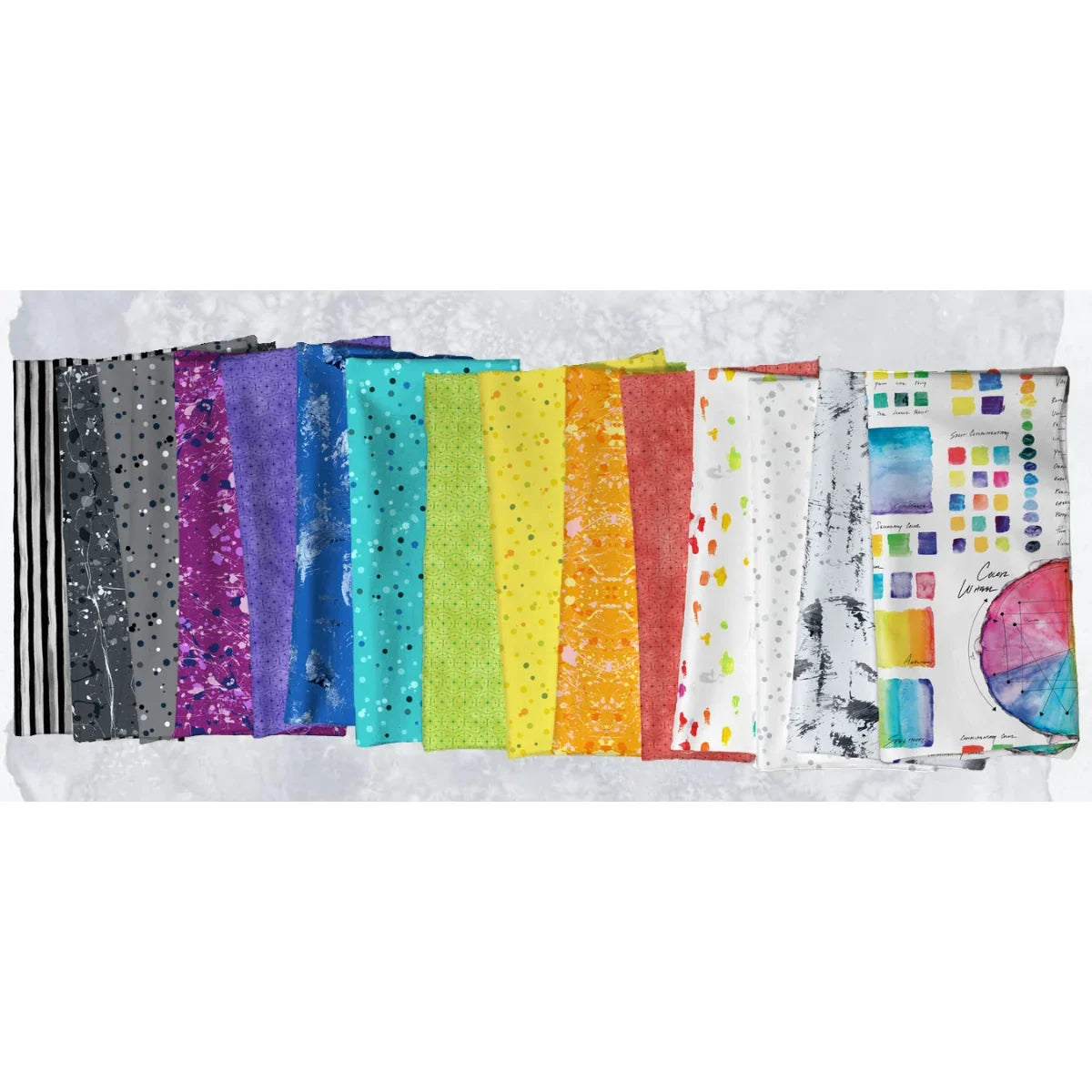 A horizontal arrangement of patterned fabric swatches in a full rainbow spectrum on a white background.