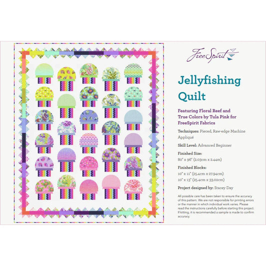 Jellyfish-themed quilt pattern with colorful jellyfish designs on a white background