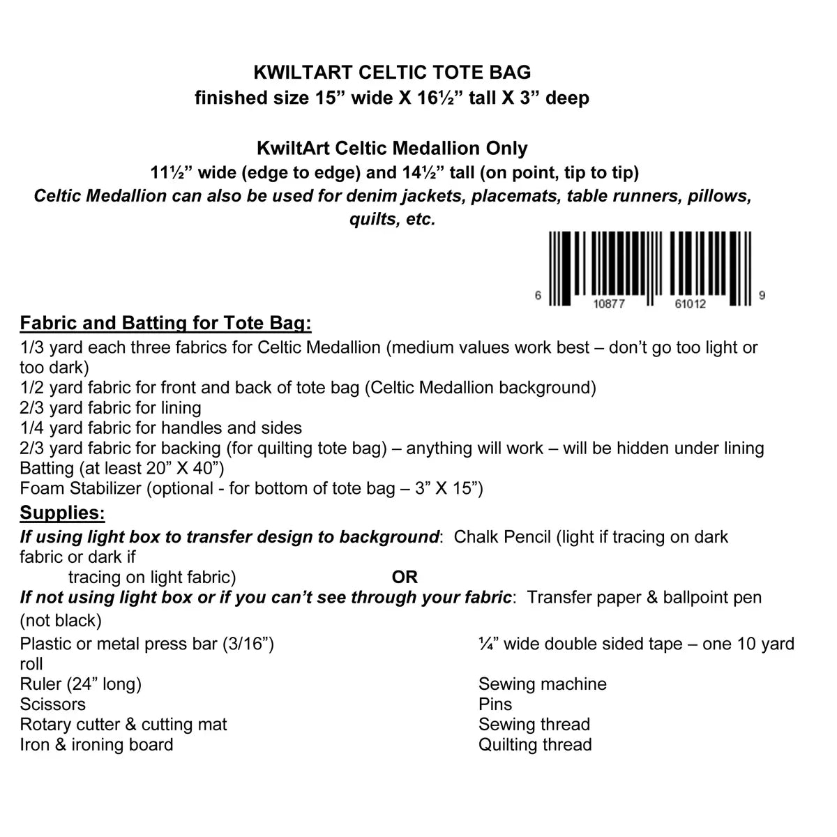 KwiltArt Celtic Tote Bag Pattern - Mercury Craft Co.