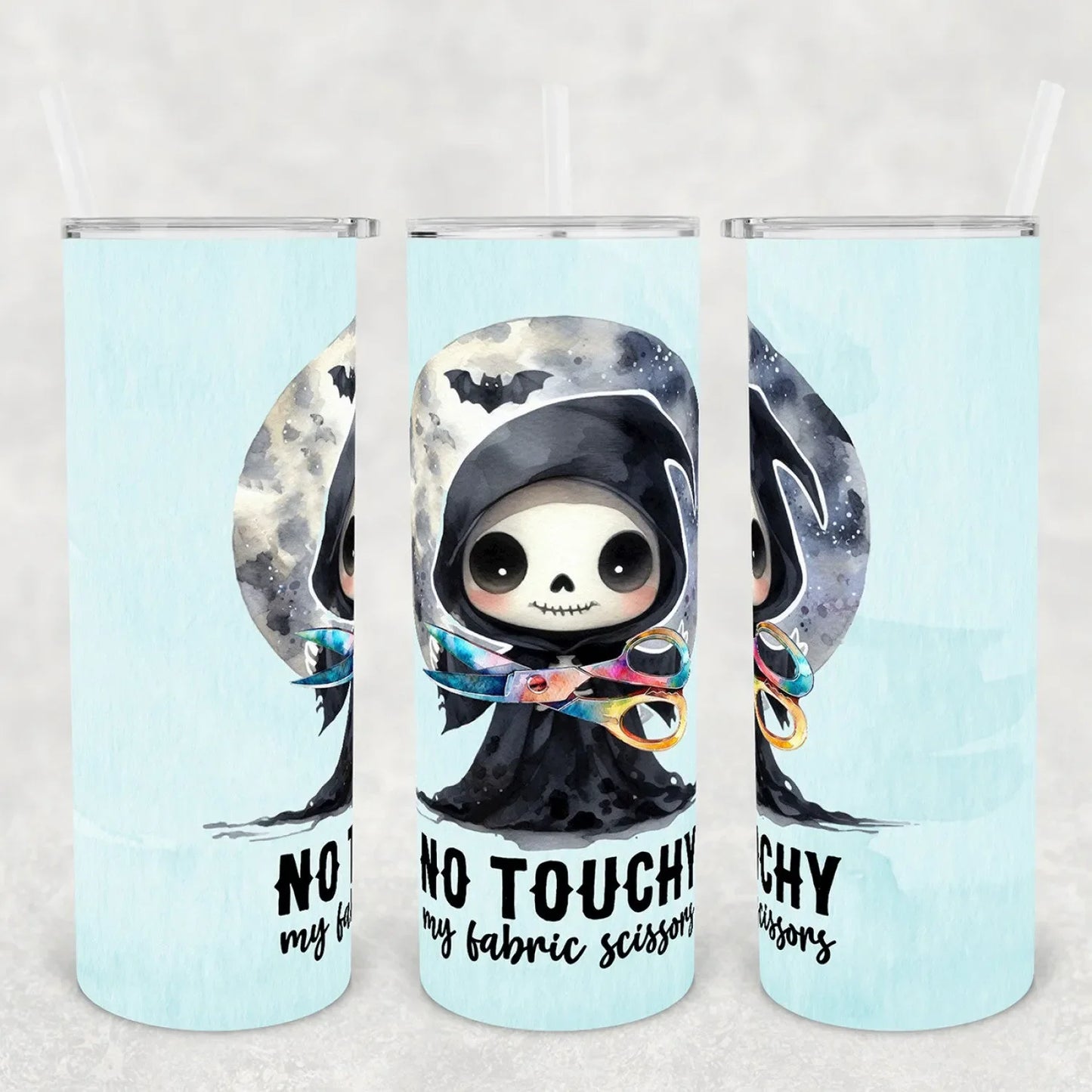 Three views of a tumbler with a cartoon skeleton design and text on a light blue background