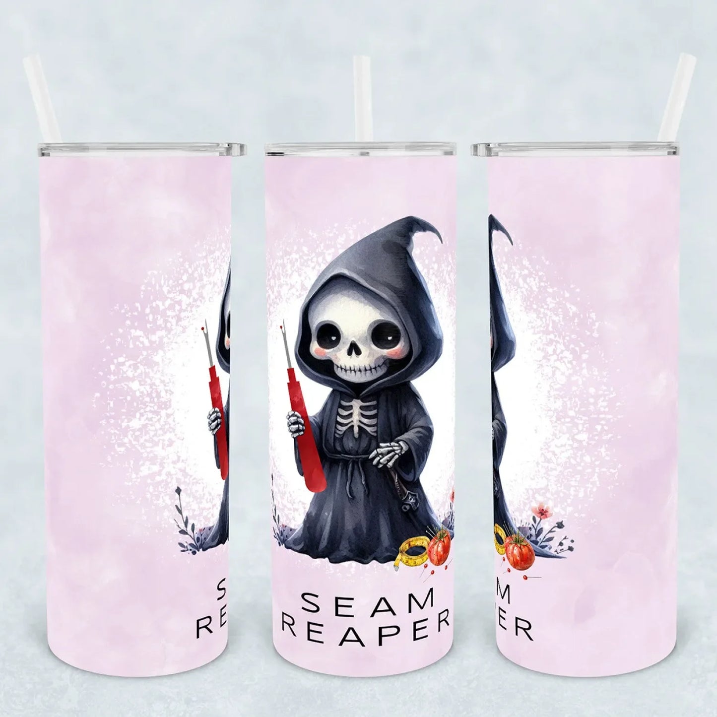 Tumbler with a skeleton design labeled 'Seam Reaper' on a light pink background