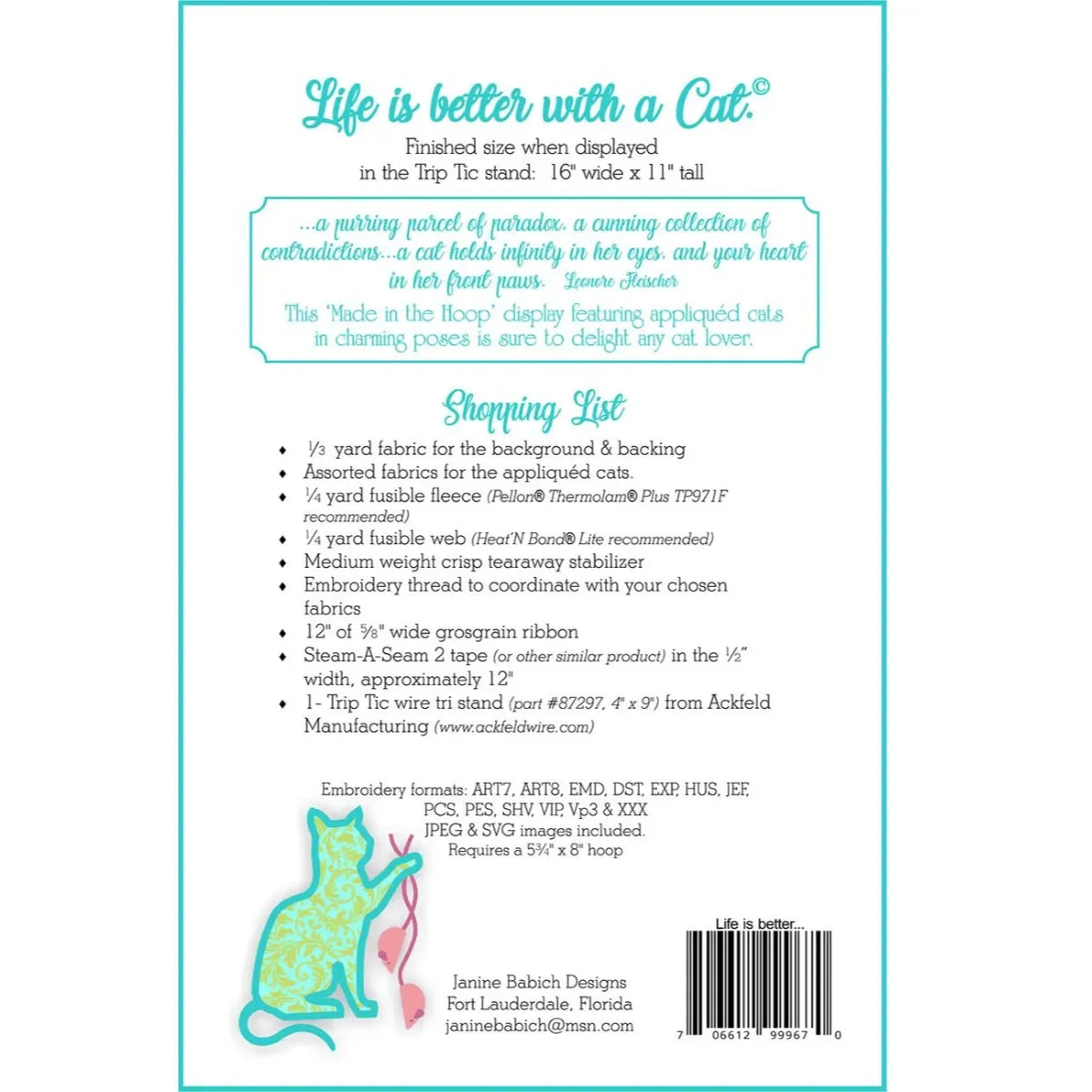 Life is Better With A Cat Table Top Embroidery Pattern - Mercury Craft Co.