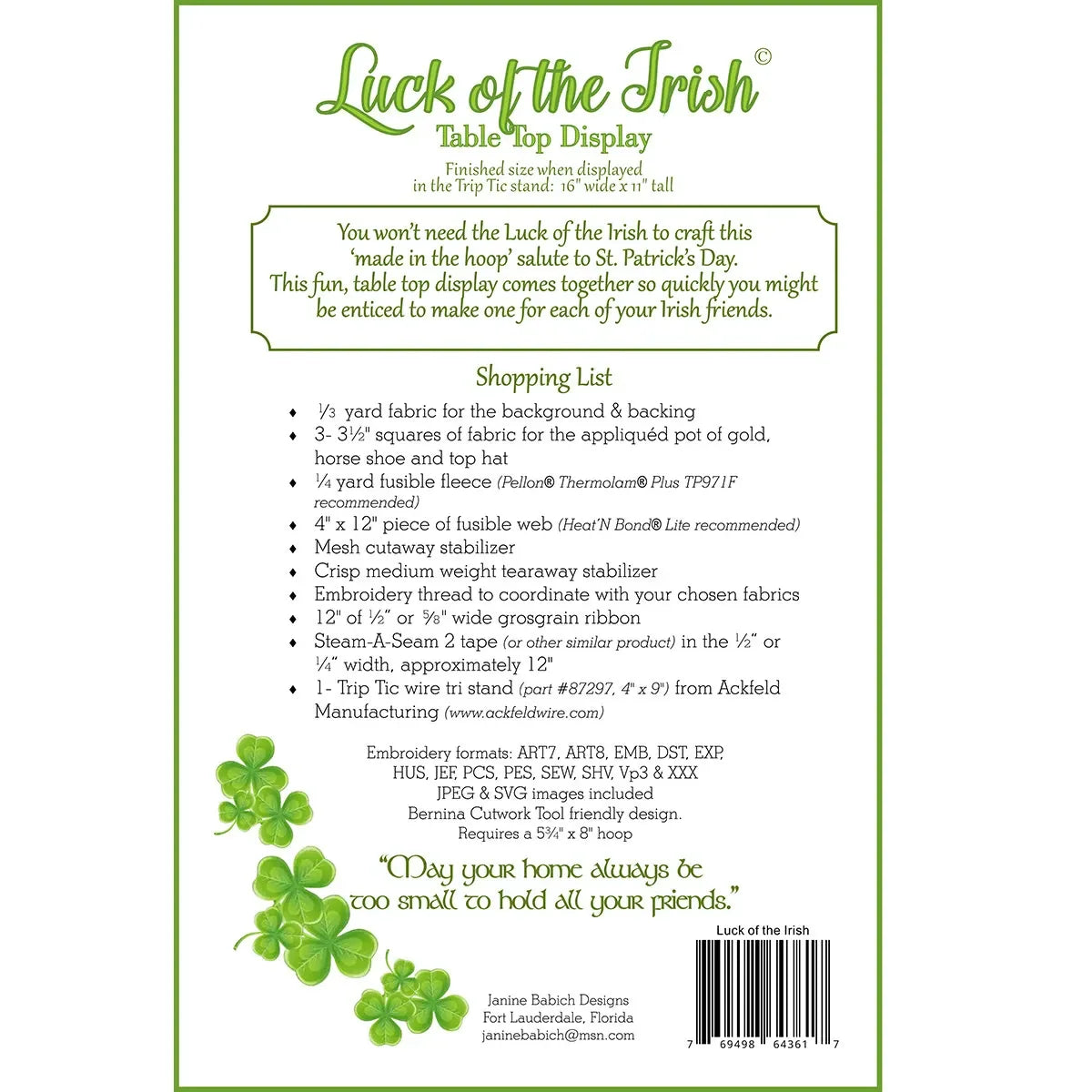 Luck Of The Irish Table Top Embroidery Pattern - Mercury Craft Co.