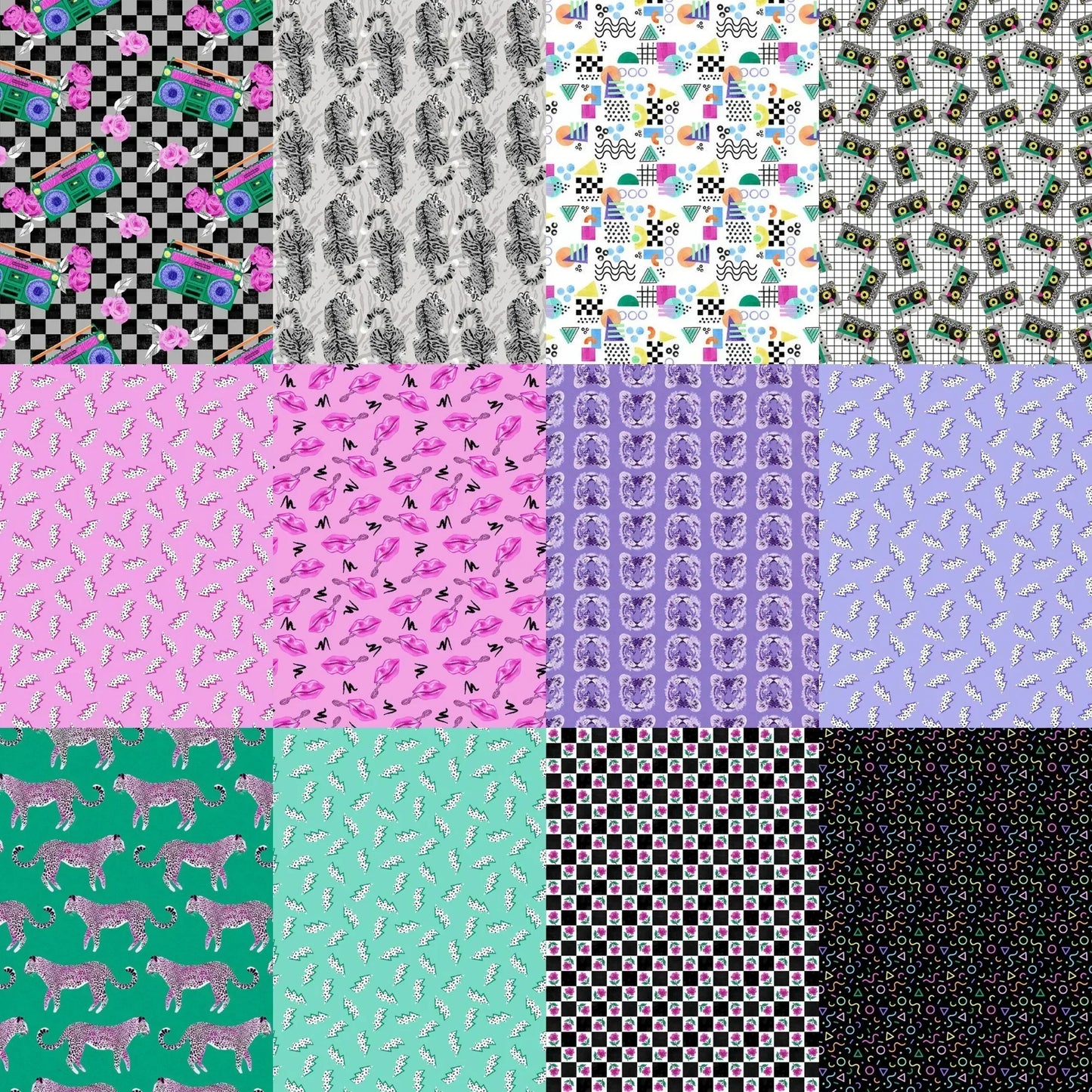 Grid of various fabric swatches in pink, purple, grey, and turquoise