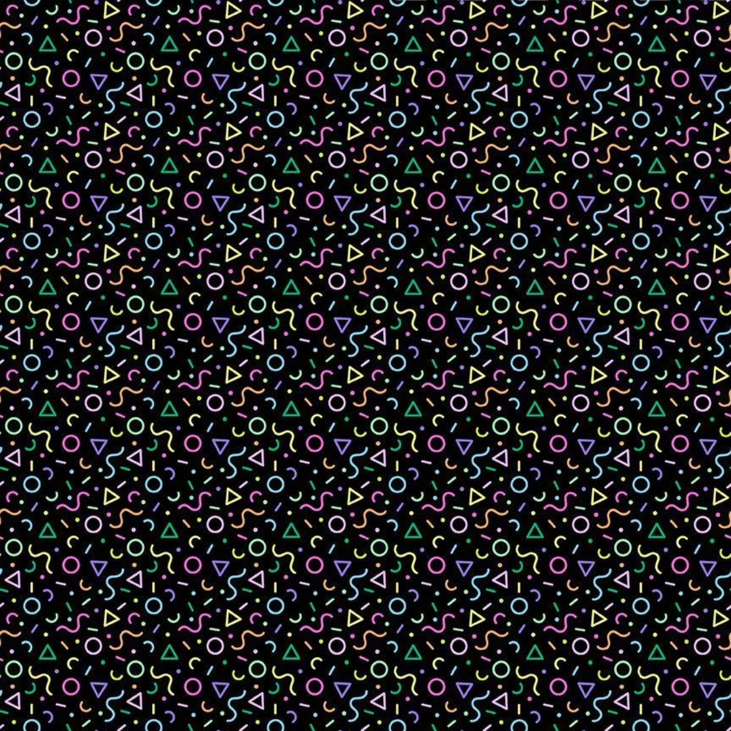 Pattern of colorful geometric shapes on a black background