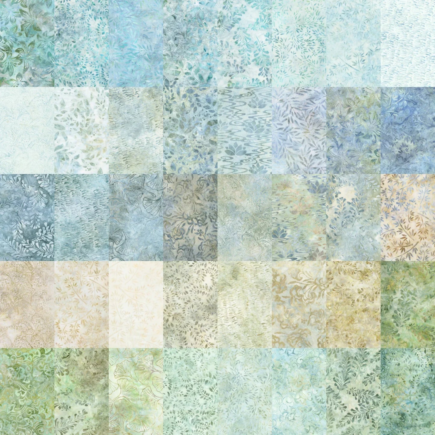 Patterned blue, green, and beige fabric swatches in a grid layout.