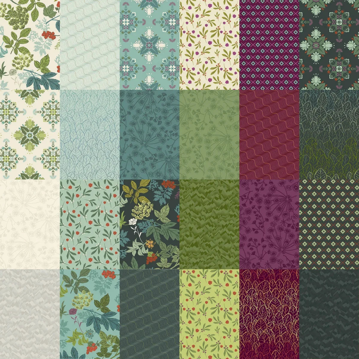 A grid of 24 fabric swatches showcasing various botanical and geometric patterns in muted shades of green, teal, purple, cream, and grey.