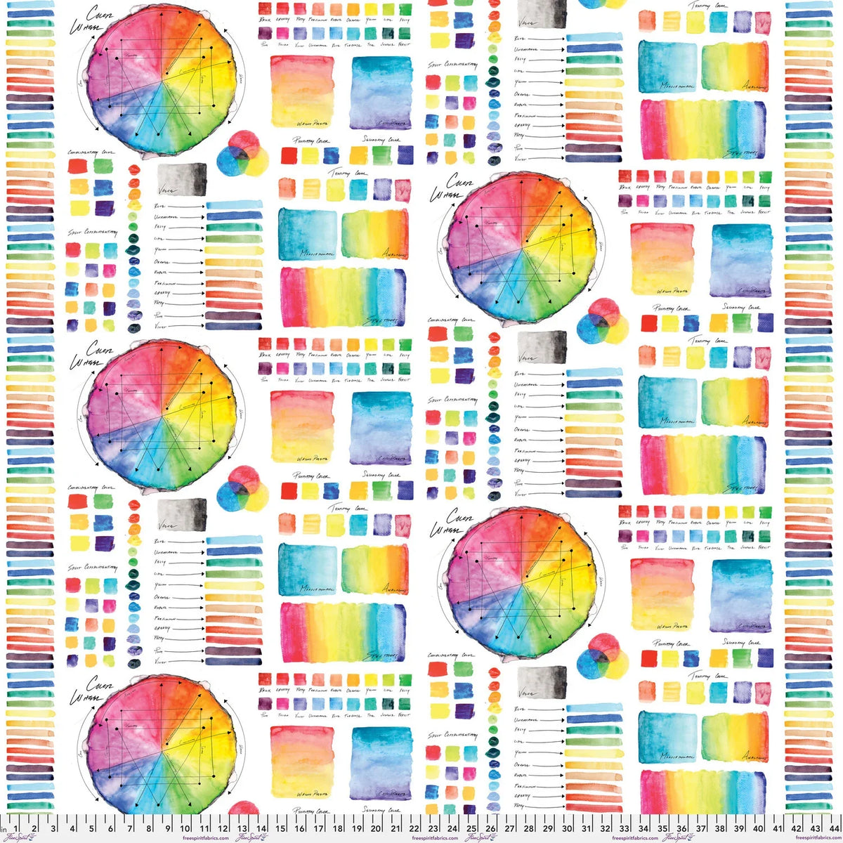 A repeating fabric pattern featuring watercolor color wheels, swatches, and vertical rainbow stripes on a white background, with a ruler for scale at the bottom.