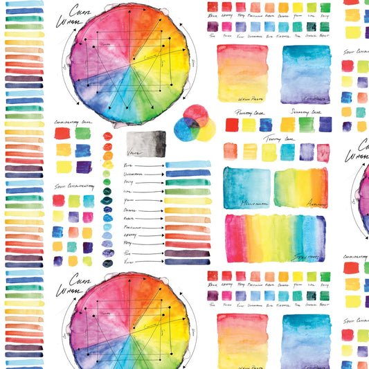 A watercolor swatch chart featuring circular color wheels, labeled color names, vertical paint swatches, and color blocks on a white background.