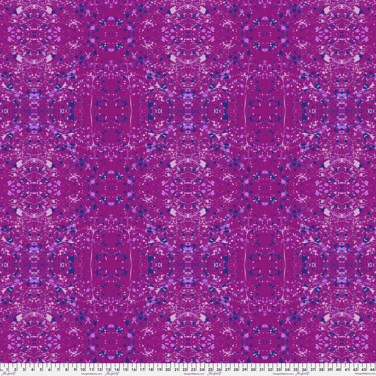A seamless repeating fabric pattern featuring a symmetrical, kaleidoscopic design in vibrant purple, lavender, and navy blue tones. Ruler at the bottom for scale.