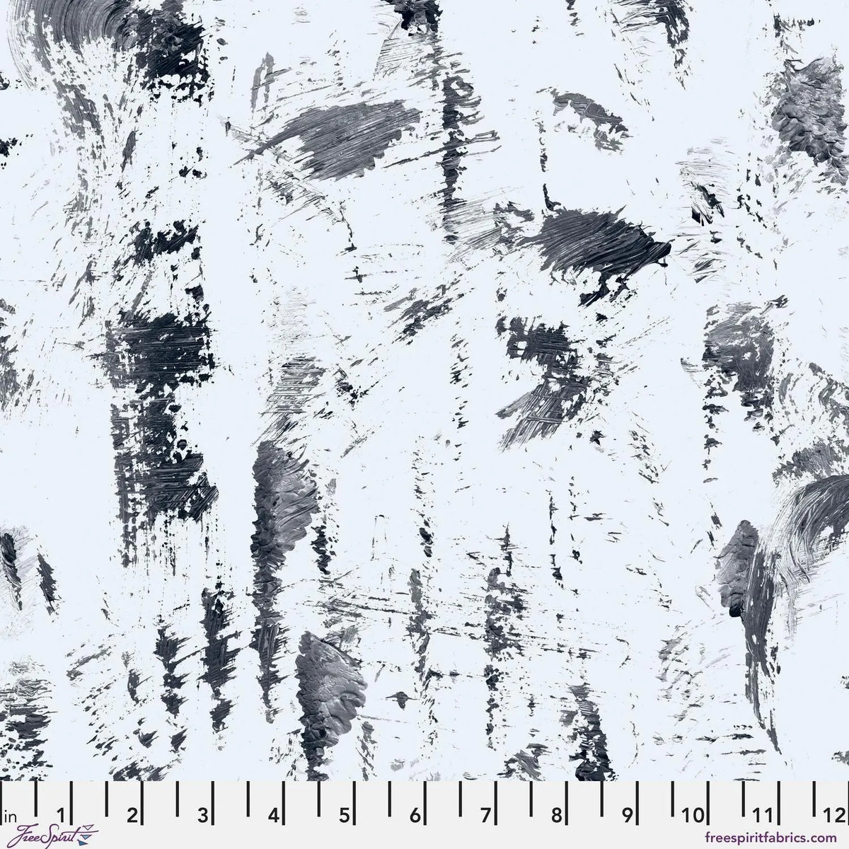 Fabric pattern featuring abstract black and white brushstrokes with a ruler at the bottom for scale.