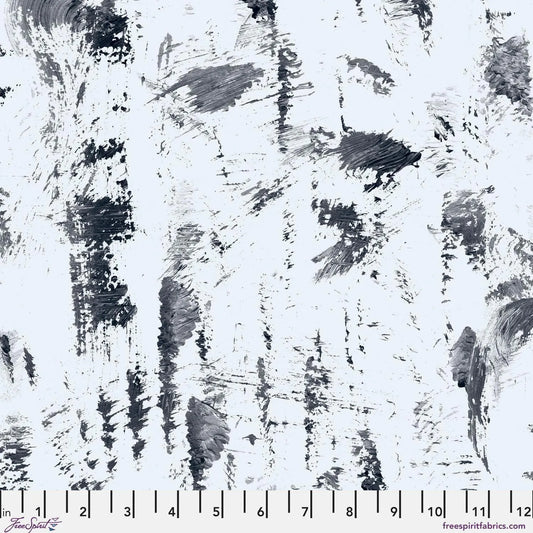 Fabric pattern featuring abstract black and white brushstrokes with a ruler at the bottom for scale.