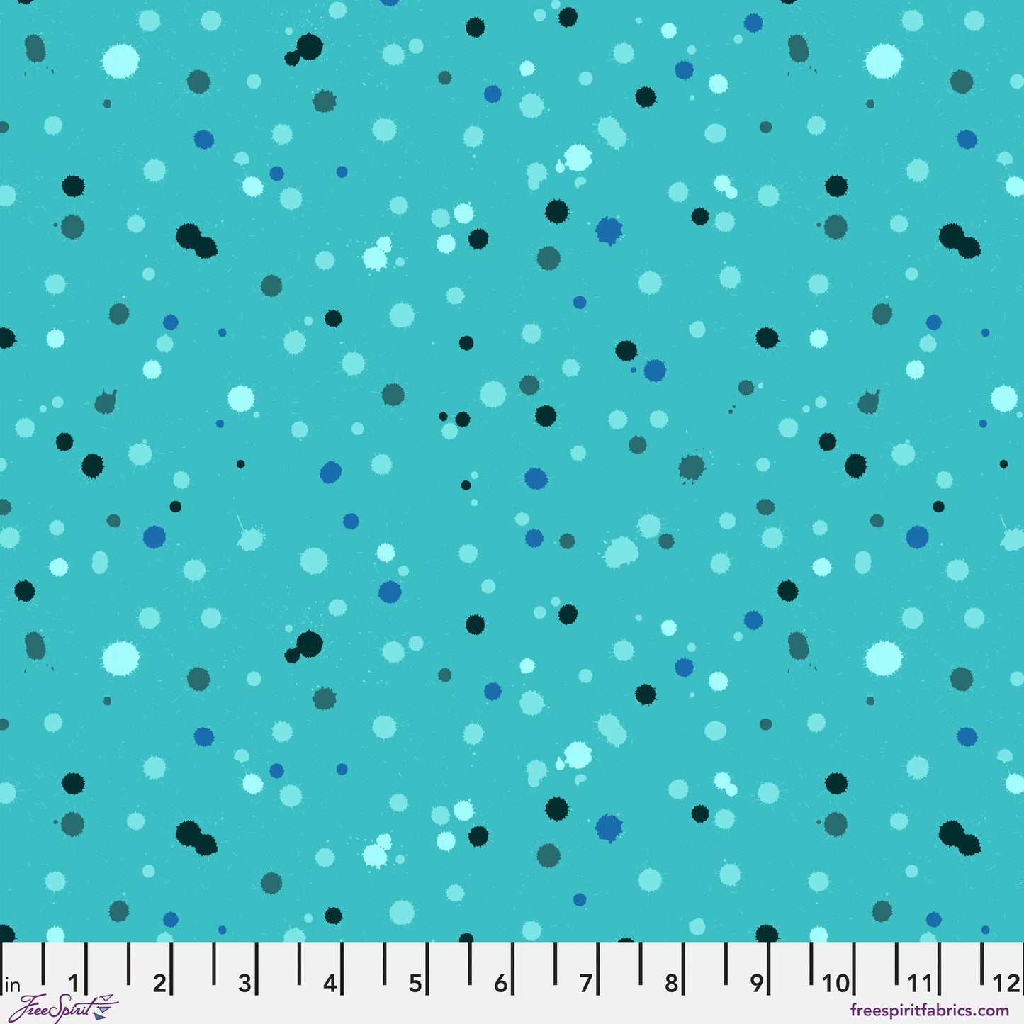 Fabric design with paint droplets in black, navy, and aqua tones splattered across a vivid turquoise background. Ruler at the bottom for scale.