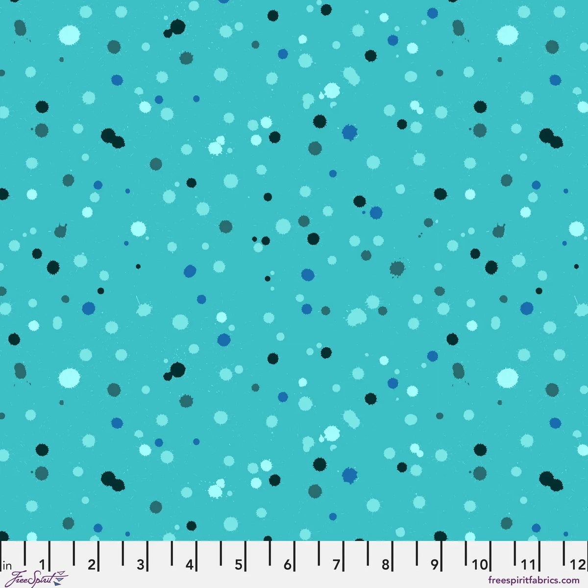 Fabric design with paint droplets in black, navy, and aqua tones splattered across a vivid turquoise background. Ruler at the bottom for scale.