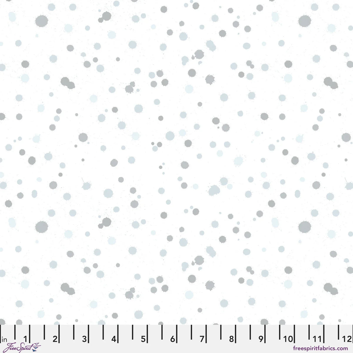 Fabric design of paint droplets in silver-grey and pale slate-blue tones scattered across a white background. Ruler at the bottom for scale.