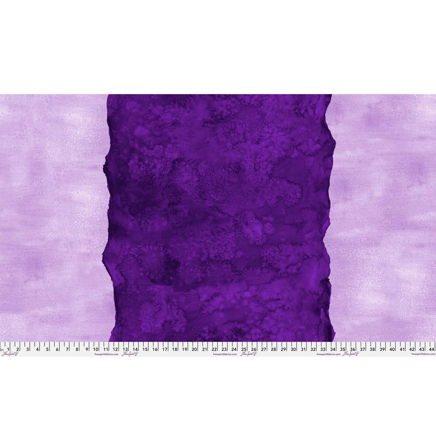 Abstract fabric pattern with a watercolor-like texture featuring a central stripe of dark violet and outer light, lavender purple edges. Ruler at the bottom for scale.