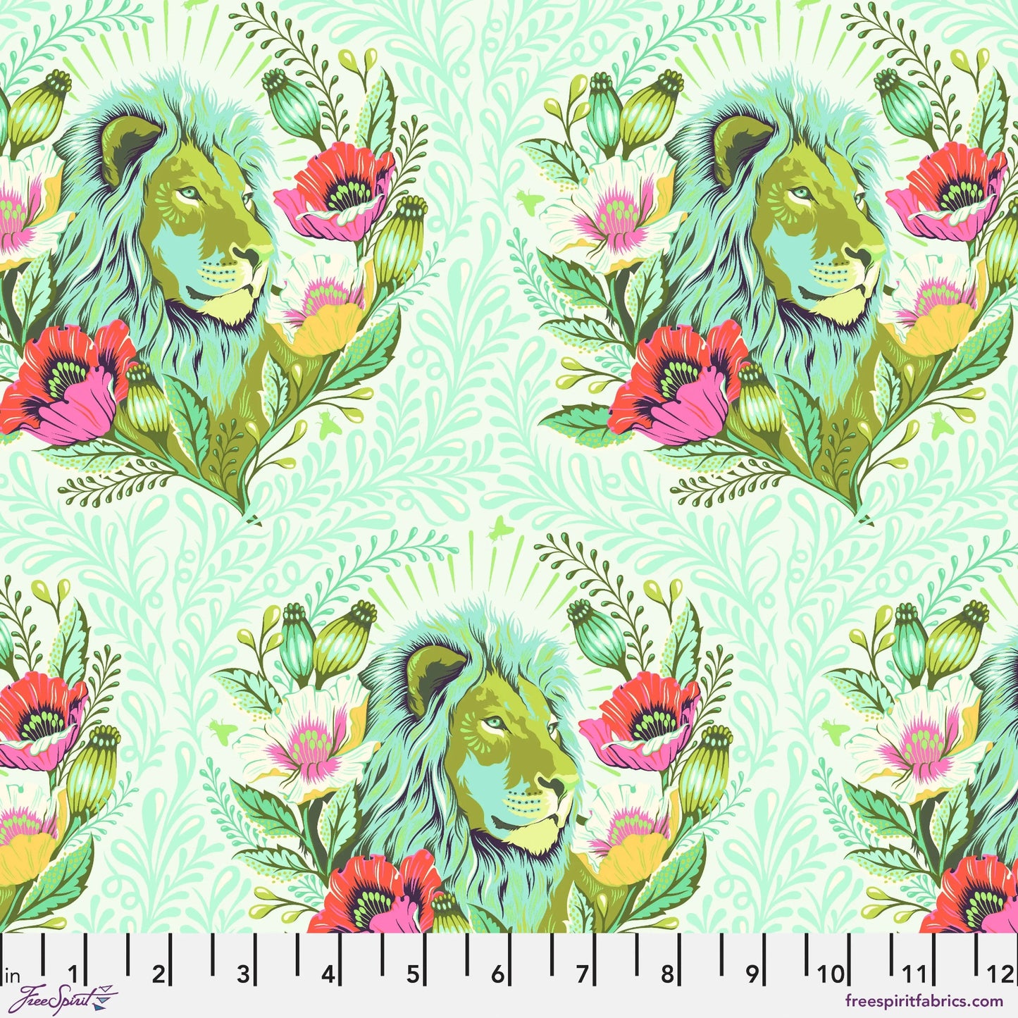 Pattern of lions and flowers on a light green background with a ruler for scale