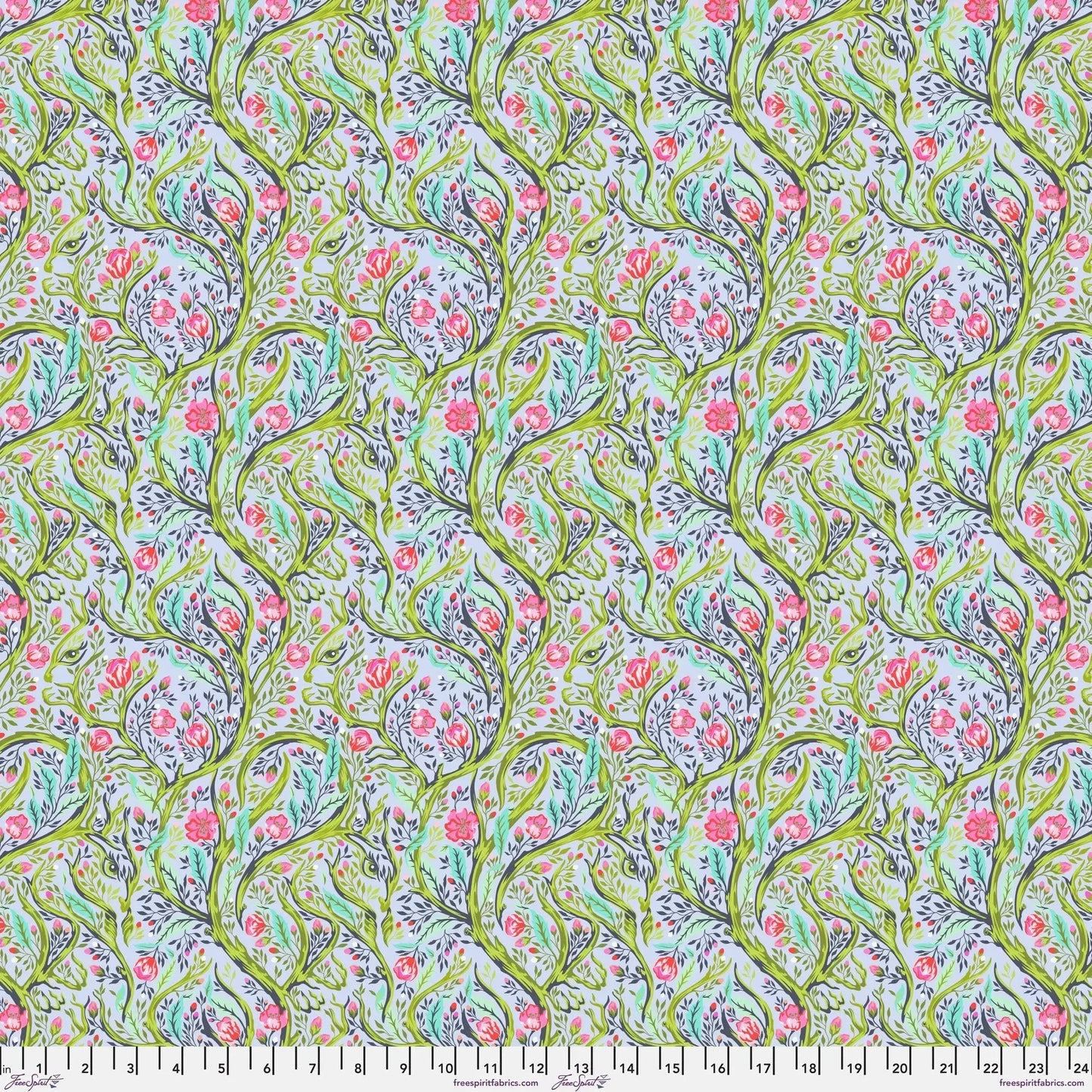 Patterned fabric with pink flowers and green leaves on a light blue background with a ruler for scale.