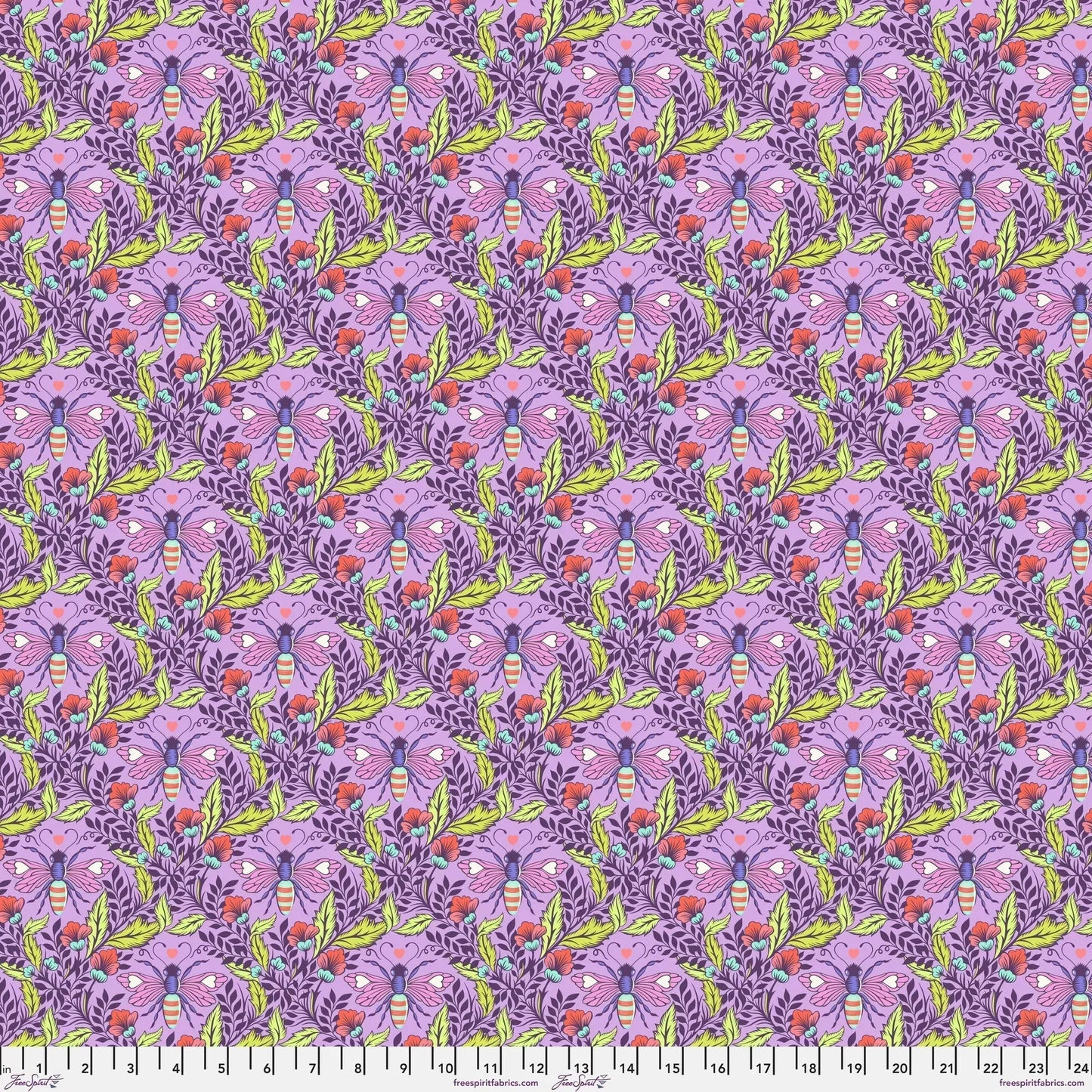 Grid pattern of honey bees and leaves on a purple background with a ruler for scale