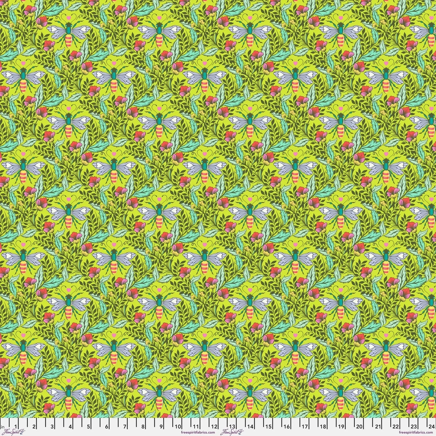 Grid pattern of honey bees and flowers on a green background with a ruler for scale.
