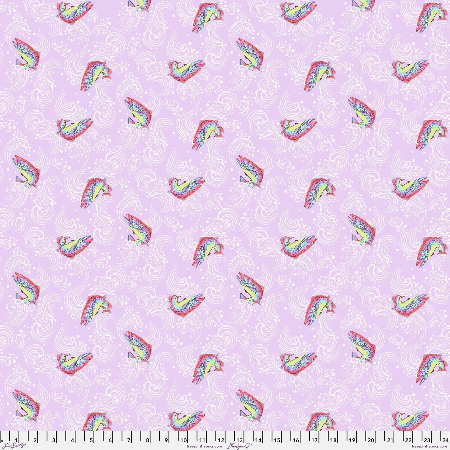 Pattern of colorful rainbow fish on a light purple background with a ruler for scale