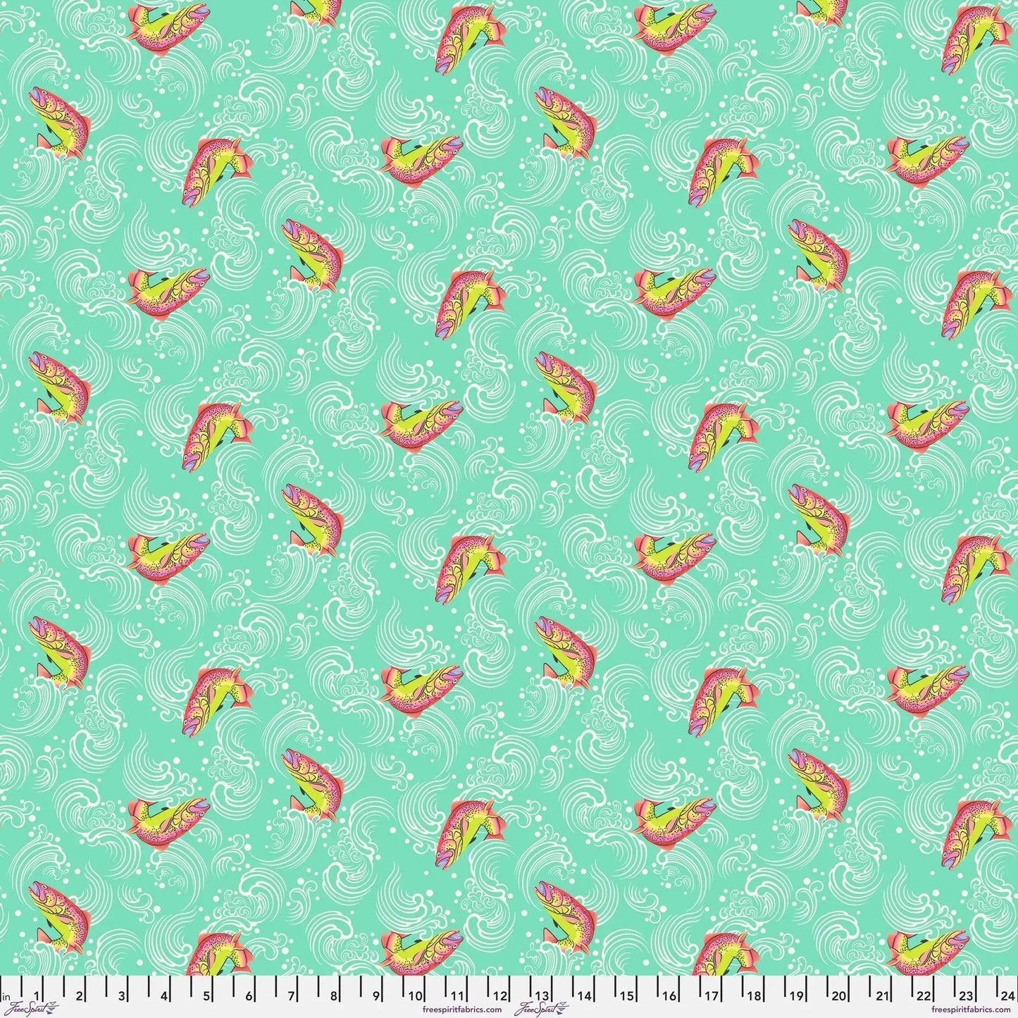 Pattern of colorful rainbow fish on a teal background with a ruler for scale.