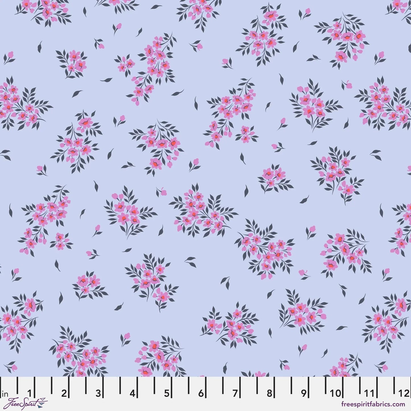 small sprays of pink and purple flowers scattered across a soft, periwinkle background with a ruler for scale