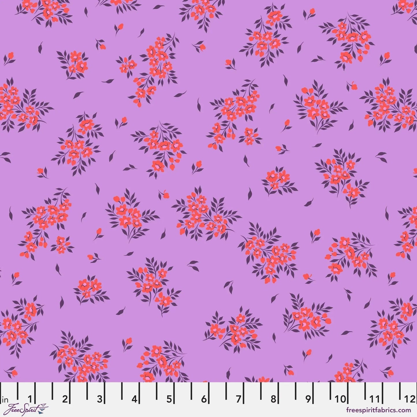 small sprays of bright red flowers scattered across a purple background with a ruler for scale