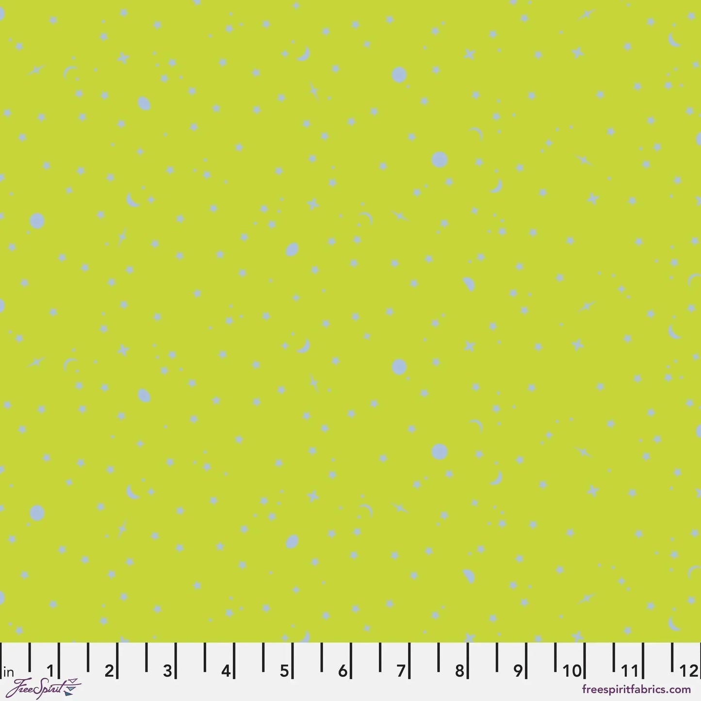 tiny soft blue stars, moons, and dots tossed across a lime-green background with a ruler for scale
