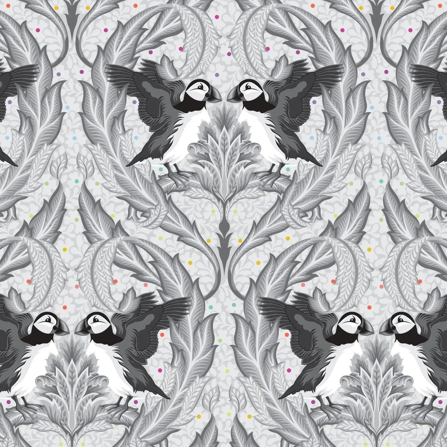 Patterned fabric with birds and leaves on a grey background