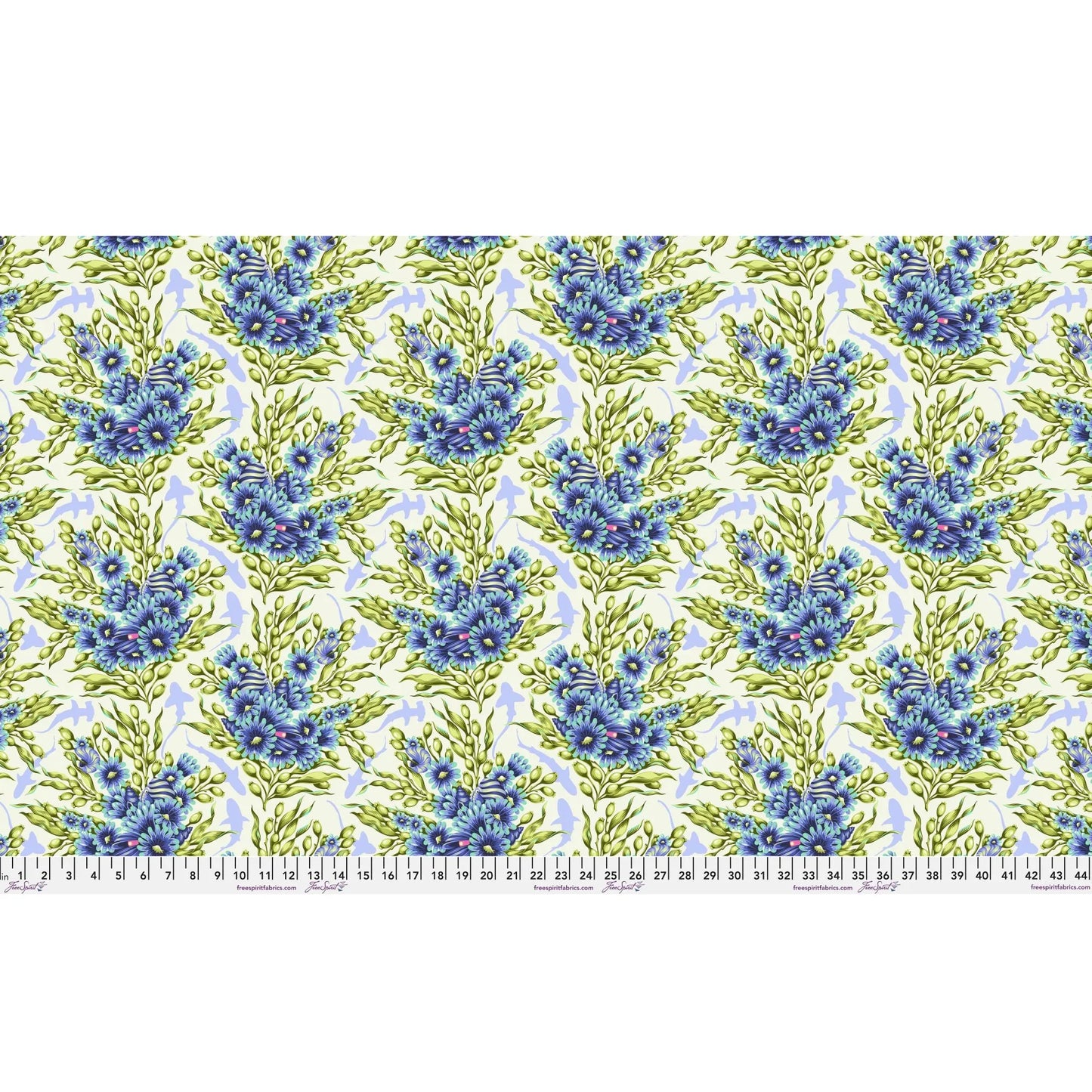 Bouquets of blue sea anemones and kelp with lavender silhouettes of sharks on an off-white background. Ruler at the bottom for scale.