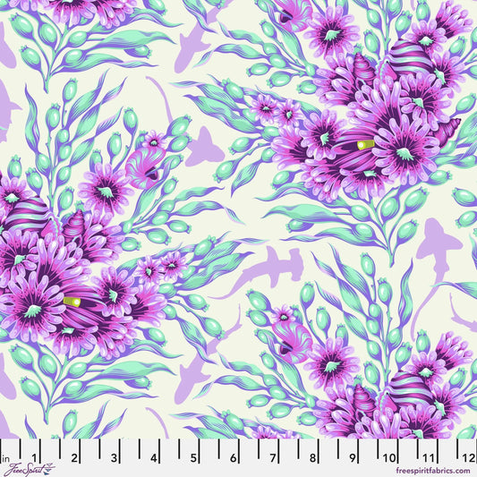 Bouquets of purple and aqua sea anemones and kelp with lavender silhouettes of sharks on an off-white background. Ruler at the bottom for scale.