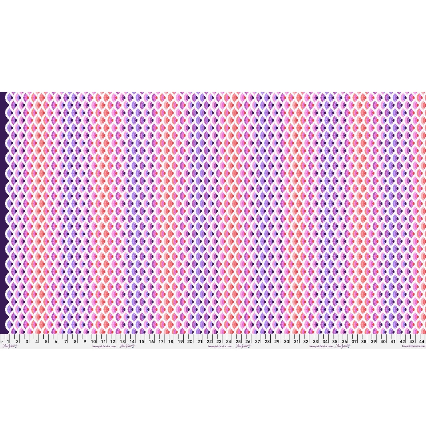 Geometric pattern of overlapping scalloped shapes with pink, coral, red, and purple colors on a dark background with a ruler for scale.