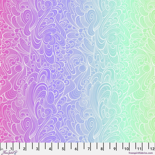 Pattern of swirling white line-work flowing across an ombre background that shifts from magenta to purple to mint to green. Ruler at the bottom for scale.