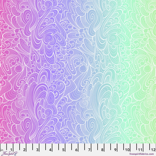 Pattern of swirling white line-work flowing across an ombre background that shifts from magenta to purple to mint to green. Ruler at the bottom for scale.