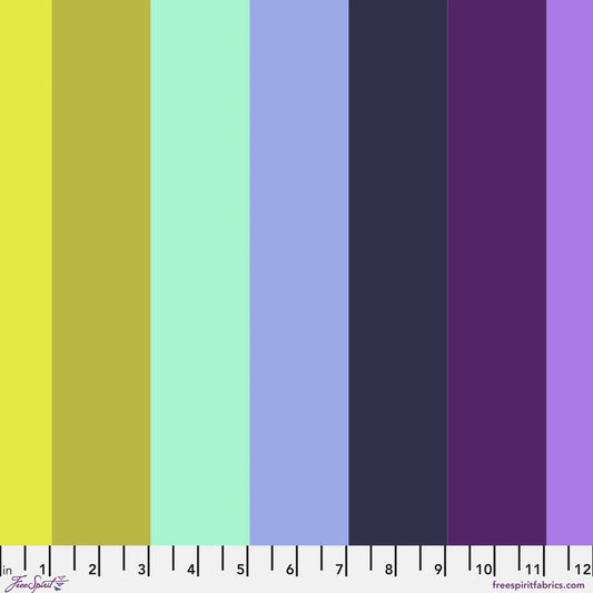 Pattern of crisp, evenly spaced stripes in a vivid parade of colors, including chartreuse, mint, periwinkle, navy, and violet. Ruler at the bottom for scale.