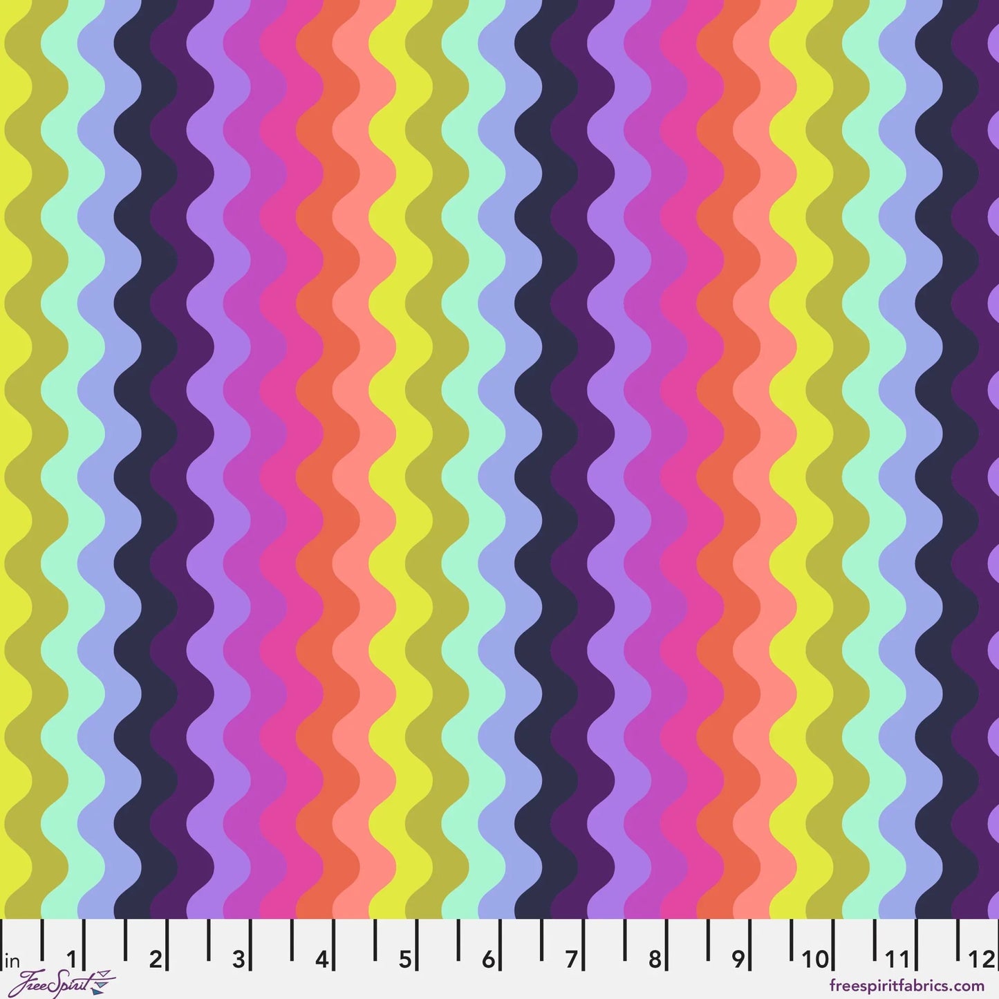Pattern of undulating vertical waves in a rich, psychedelic sequence of colors, including chartreuse, mint, periwinkle, navy, lavender, magenta, pink, coral, and peach. Ruler at the bottom for scale.