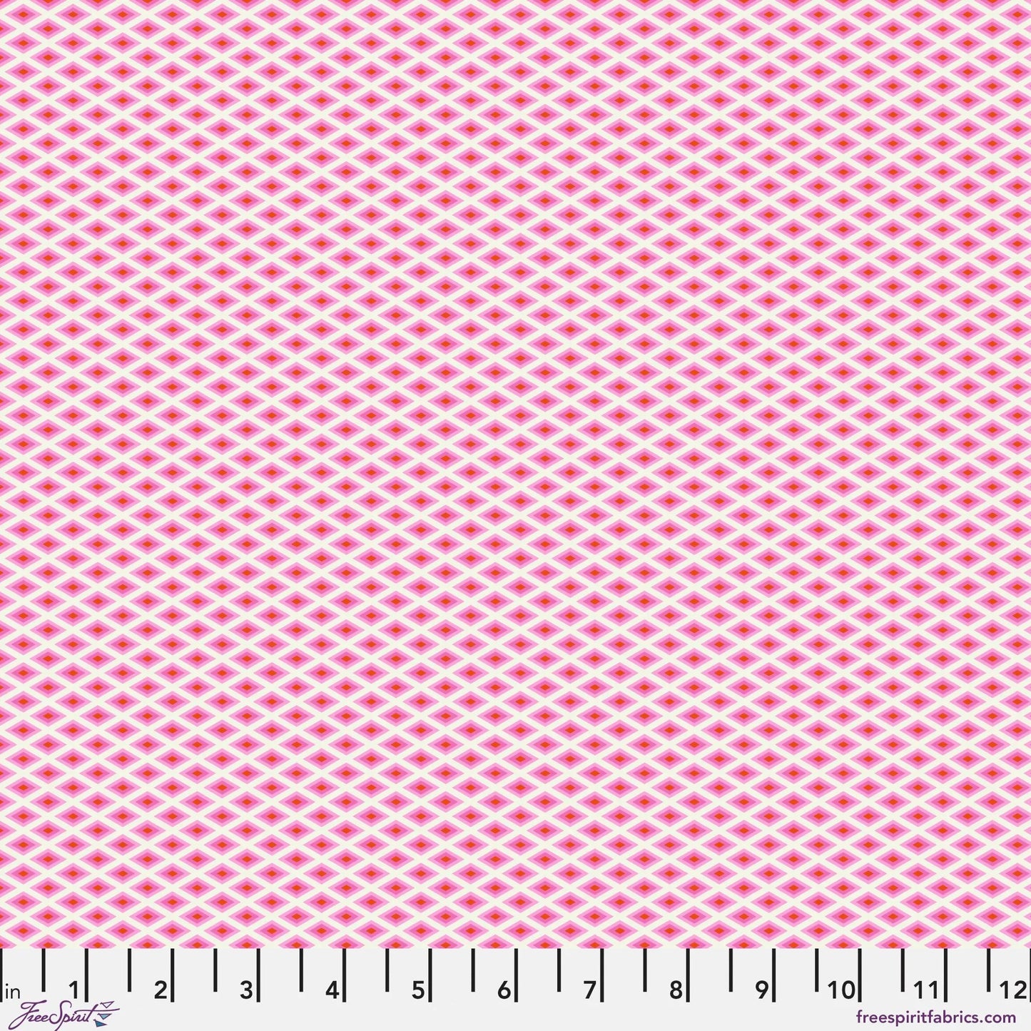 A fine, all-over geometric lattice of tiny diamond shapes in a crisp white and hot pink. Ruler at the bottom for scale.