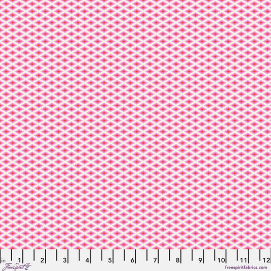 A fine, all-over geometric lattice of tiny diamond shapes in a crisp white and hot pink. Ruler at the bottom for scale.